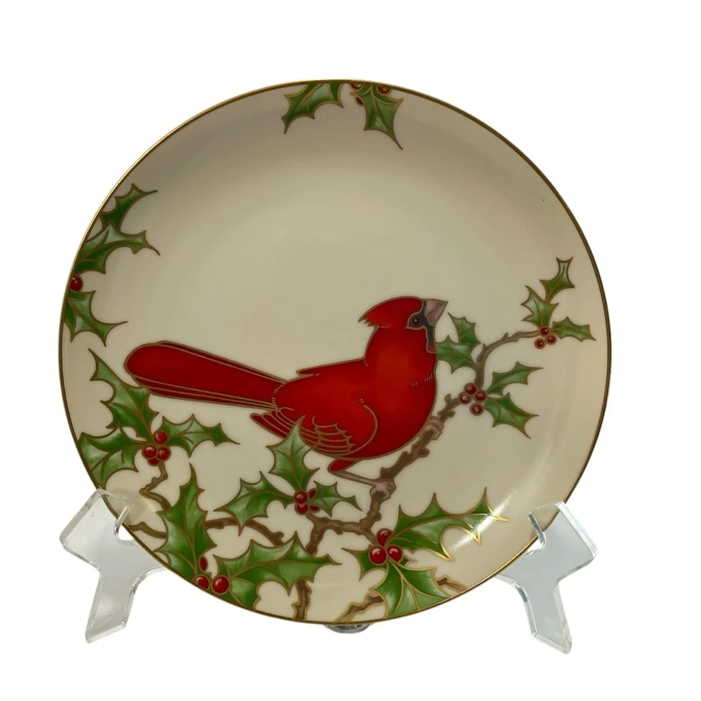 VINTAGE Set of 2 Fitz & Floyd Christmas Holly Cardinal Salad 245‎ Plate 7.5”